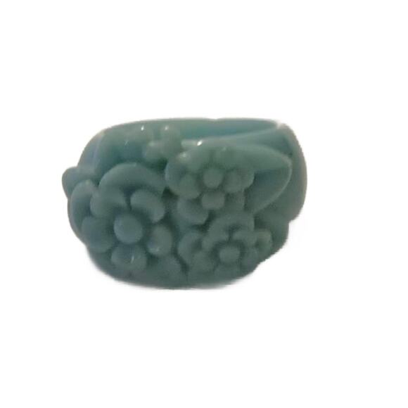Celluloid Blue Carved Flower Ring, Size 7.5 - Picture 2 of 11